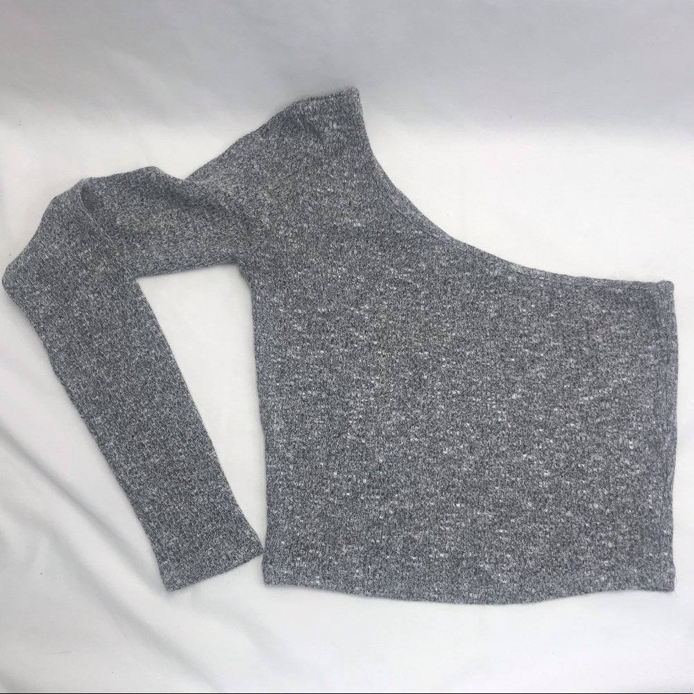 Garage Heather Gray One Shoulder Cropped Sweater Right Side Long Sleeve Size L